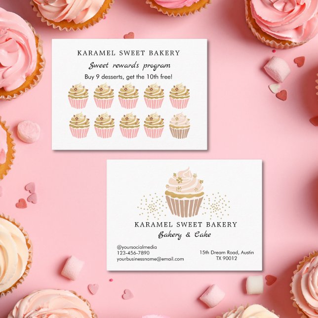 Programa de panadería de pasteles rosados Tarjeta  (Blush Pink Gold Cupcakes Reward Program Loyalty card)