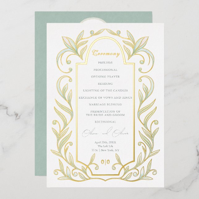 Programa de papel de estaño para boda Hojas Verdes (Anverso/Reverso)