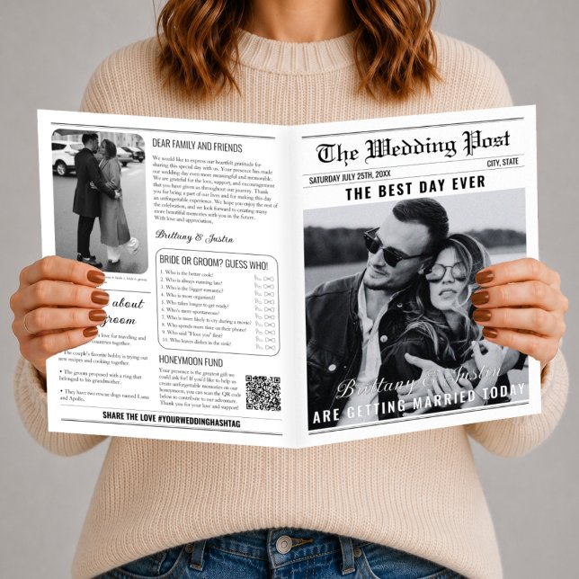 Programa de Periódico de Boda Clásico Negro y Blan (wedding newspaper program)