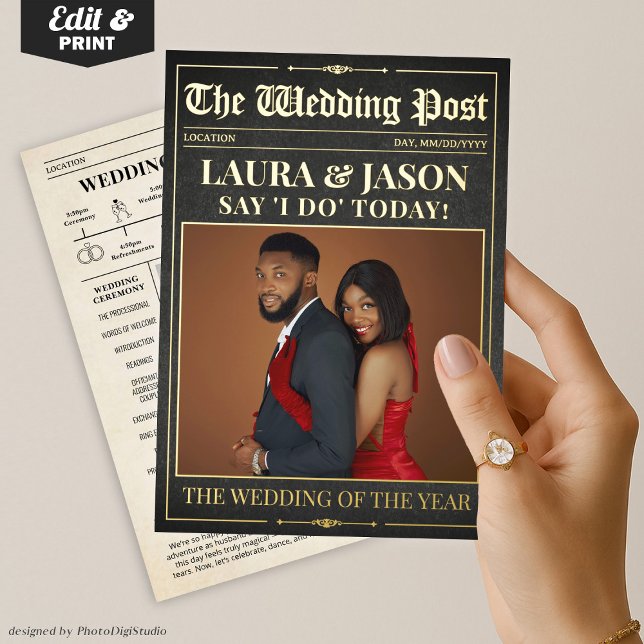 Programa de periódico de boda de lujo con tarjeta  (Luxury Wedding Newspaper Program Foil Card)