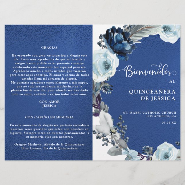 Programa de Quinceañera Azul Rey y Azul Marino (Anverso)