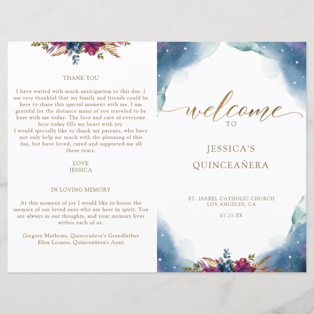 Programa de Quinceañera de Starry Celestial plegad (Anverso)