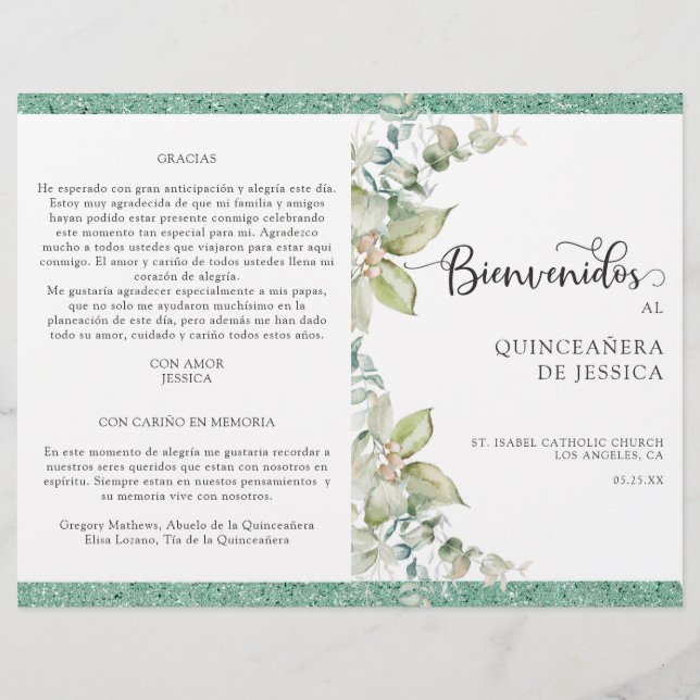 Programa de Quinceañera Verde con Hojas (Anverso)