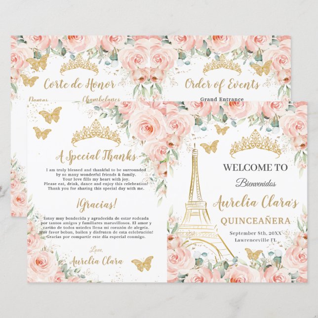 Programa de Quinceañera XV Floral Rosa París Torre (Anverso / Reverso)