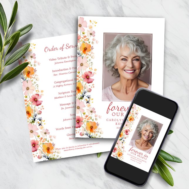 Programa de servicio conmemorativo de flores silve (Watercolor Wildflower Memorial Service Program)