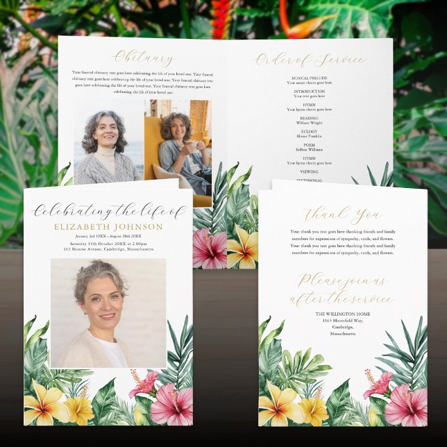 Programa de Servicio Funeral de Flores Tropicales (Tropical Flowers Funeral Memorial Order Of Service Program)