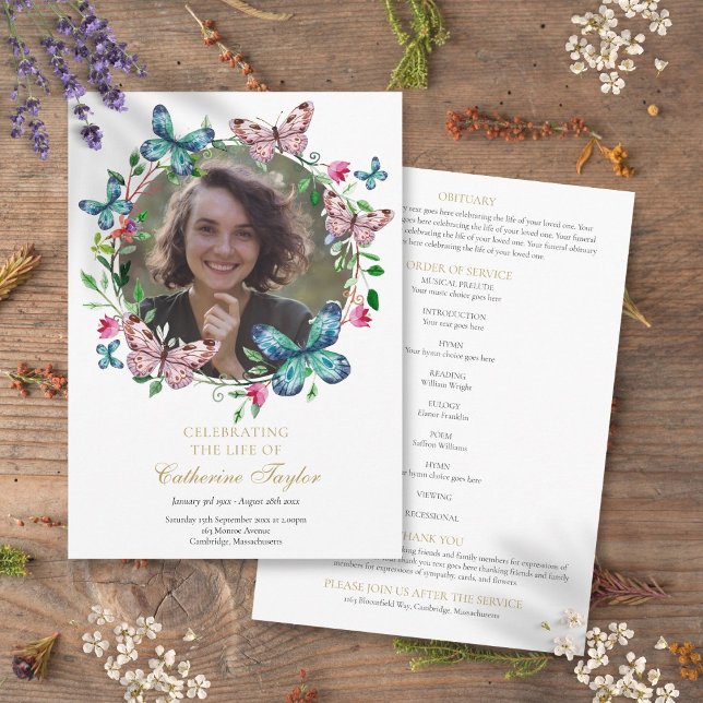 Programa de Servicio Funeral de Fotos de Mariposas (Butterflies Photo Funeral Order Of Service Program)