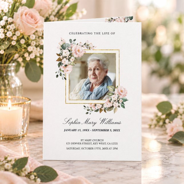 Programa de Servicio Funeral | Programa Memorial F ("Celebrating the Life Of" funeral program with white floral gold frame photo, personalized)