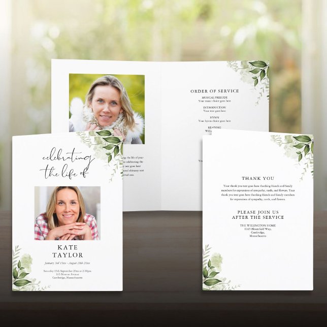 Programa de servicio funerario floral verde plegad (Greenery Floral Funeral Order Of Service Folded Program)