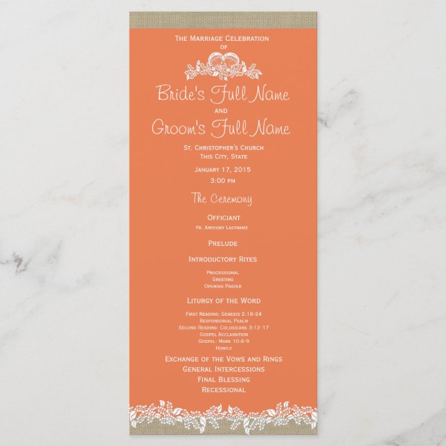 Programa de Tangerina y Boda Burlap de Sea Garland (Anverso)