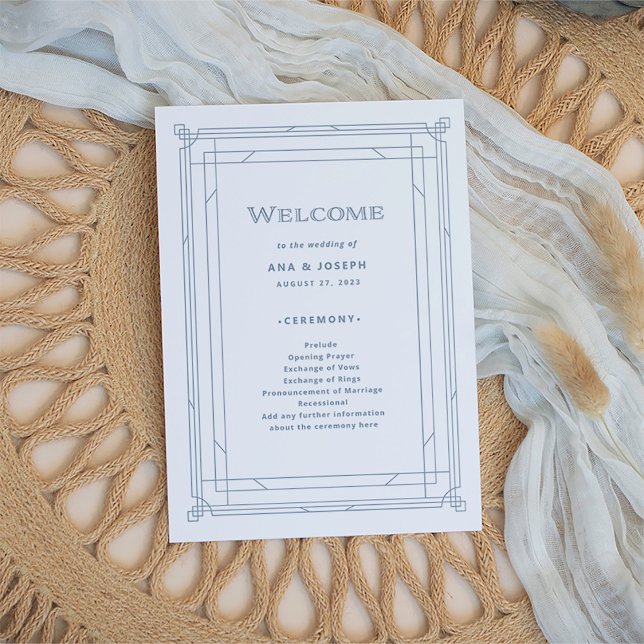 Programa Deco moderno | Elegante Boda blanco y azul turbio (An elegant art deco style wedding program, in dusty blue on a white background)