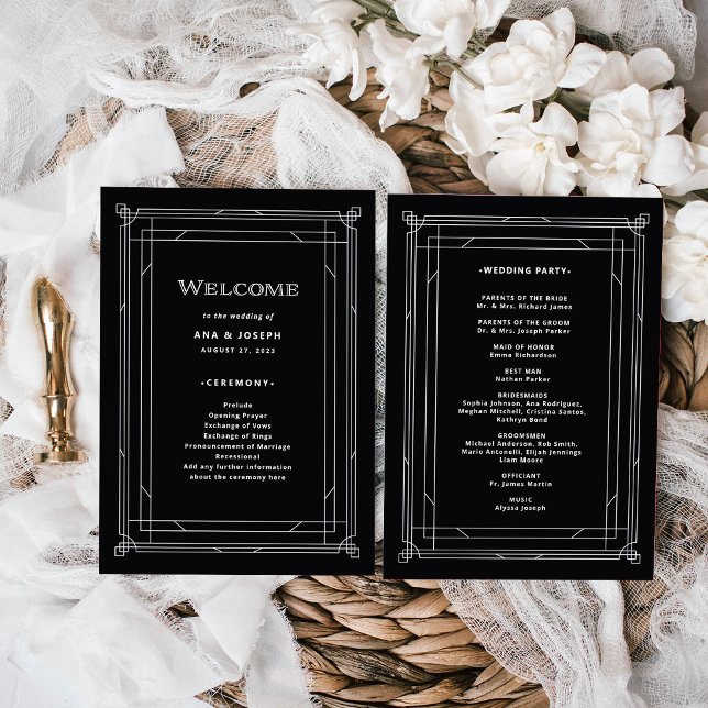 Programa Deco moderno | Elegante Boda blanco y negro onyx (A vintage, art deco style wedding program in dark onyx black)