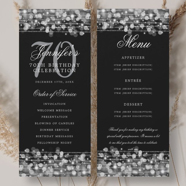 Programa del 70 cumpleaños Menú de plata + Gracias (70th Birthday Program Silver Menu+Thank You)