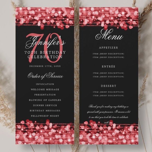 Programa del 70 cumpleaños Menú Rojo Rubí + Gracia (70th Birthday Program Ruby Red Menu+Thank You)