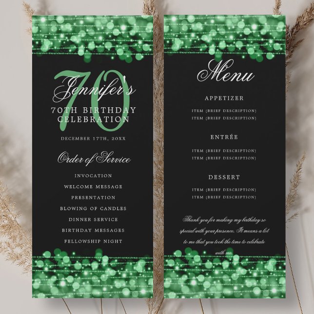 Programa del 70 cumpleaños menú verde + Gracias (70th Birthday Program Green Menu+Thank You)