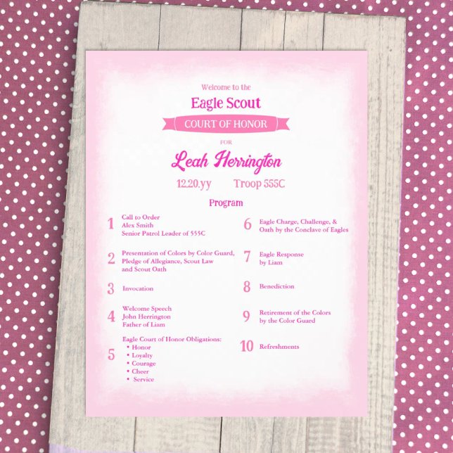 Programa del Tribunal de Honor del Águila Rosa y M (Pink eagle scout court of honor ceremony program flyer, decorative pink banner ribbon design)