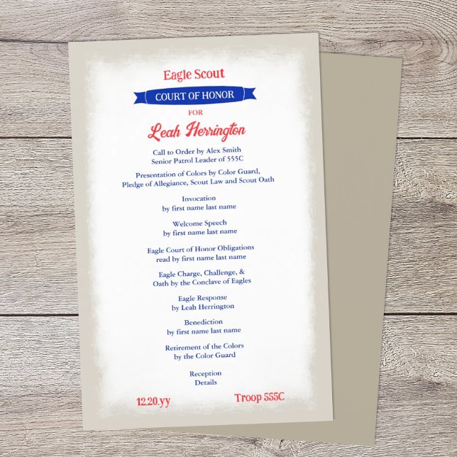 Programa del Tribunal de Honor Rojo, Blanco y Azul (patriotic red white blue beige eagle scout court of honor ceremony program)