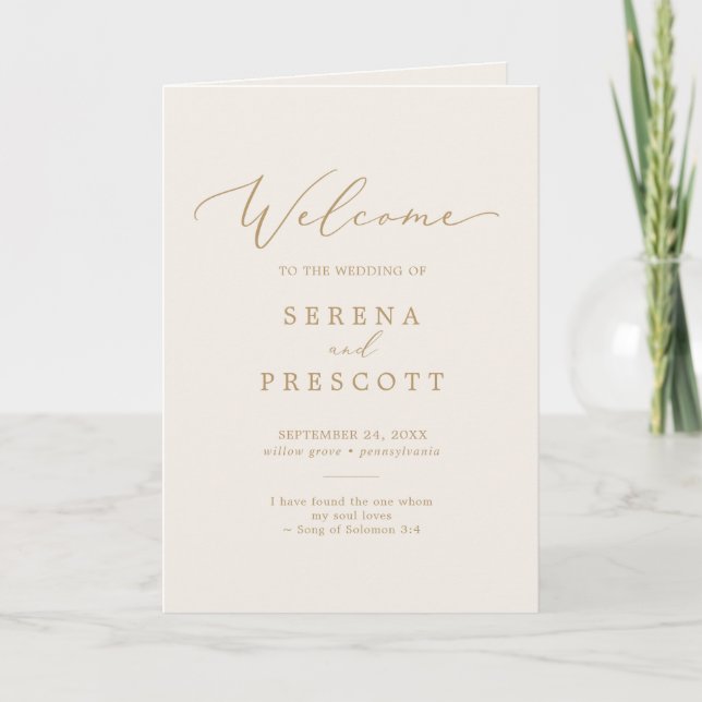 Programa Delicada caligrafía de oro | Boda doblado crema (Anverso)