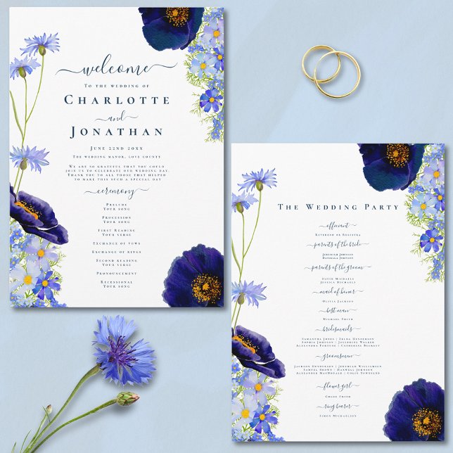 Programa Día de Boda Azul Flor Silvestre Moderna (Elegant blue summer floral wedding programme with watercolor wildflowers and stylish typography )