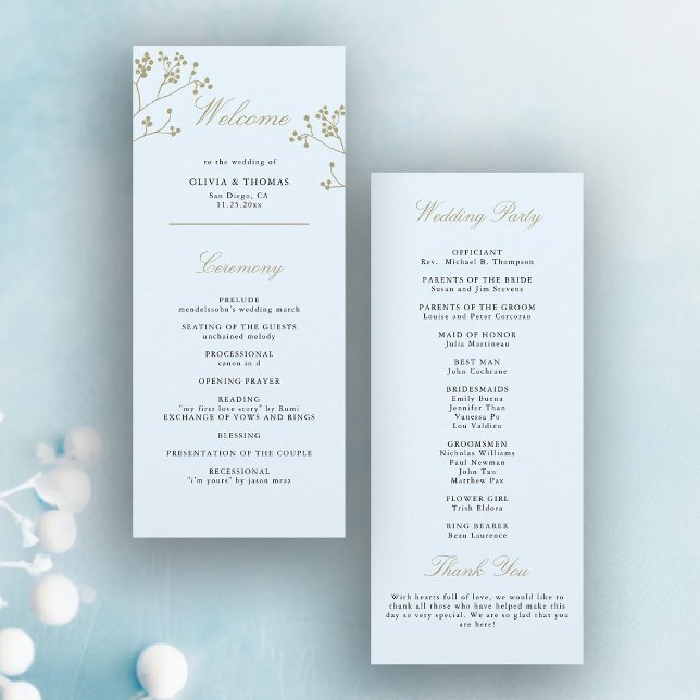 Programa Día de Boda Elegante de Oro Azul de Invierno (winter greenery wedding program elegant modern classic ice blue gold berries minimalist traditional)