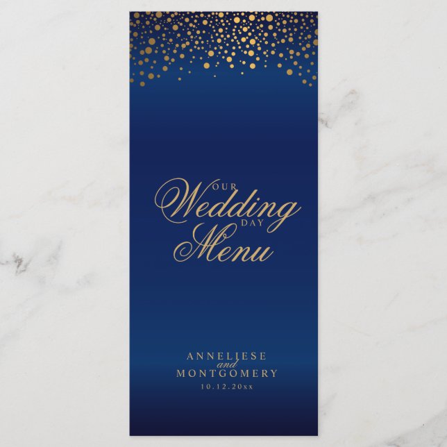 Programa Día de bodas Puntos de oro de moda en azul marino  (Anverso)