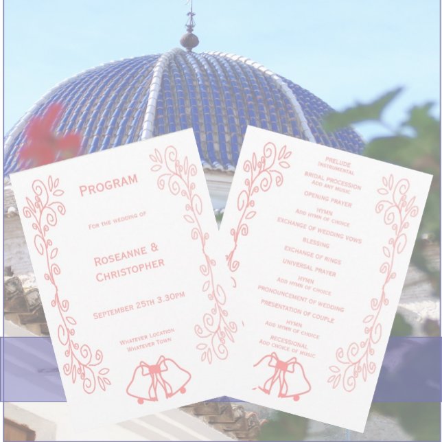 Programa Diseño del trabajo de desplazamiento de las cintas (Pink wedding church program bells and scrollwork design)