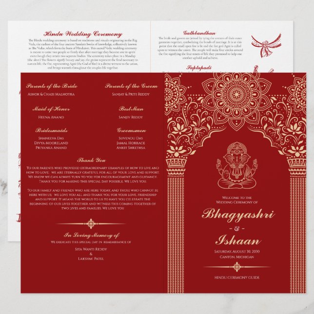 Programa doblado de ceremonia de Boda Ganesh Red H (Anverso / Reverso)
