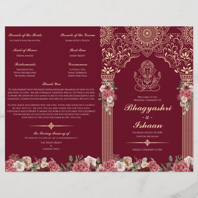 Programa doblado de ceremonia de Boda hindú rojo y (Anverso)