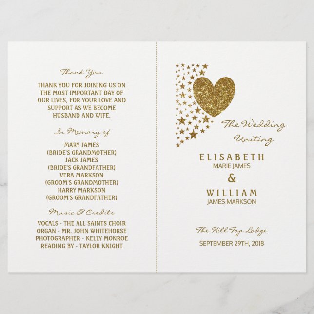 Programa doble de Boda de Purpurina Gold Heart & S (Anverso)