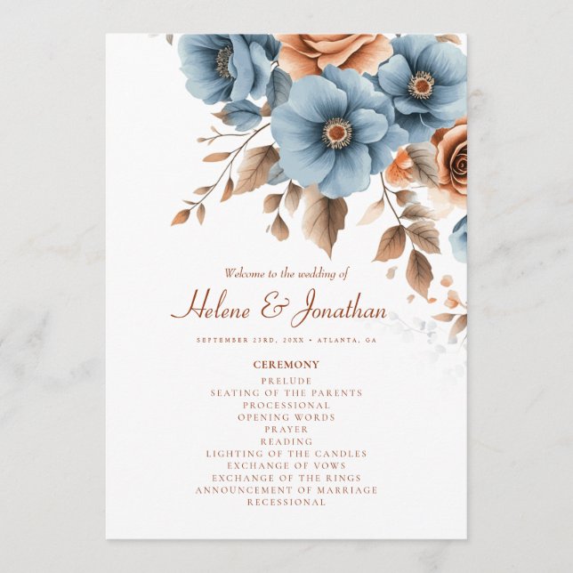 Programa Duste Blue Terracotta Floral Boho Elegante Boda (Anverso)