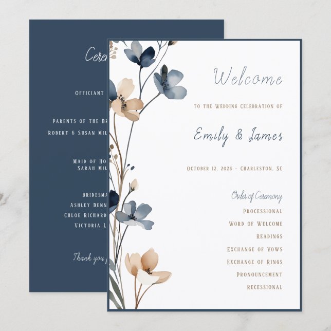 Programa Dusty Blue Beige Botanical Modern Elegant Wedding (Anverso / Reverso)