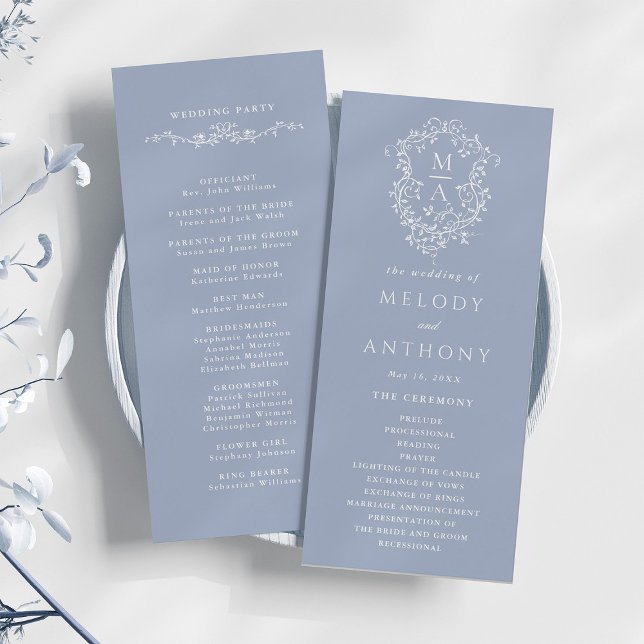 Programa Dusty Blue Classic Floral Escudo Boda Ceremonia (Front & Back)