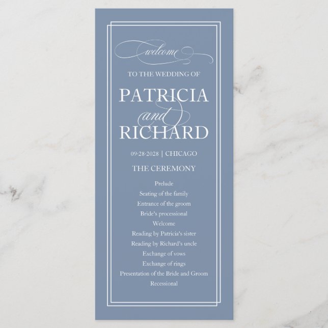 Programa Dusty Blue Elegant Wedding Ceremony Program 9x4 (Anverso)