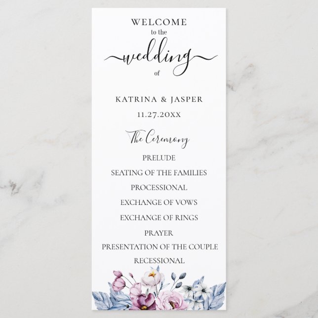 Programa Dusty Blue Mauve Watercolor Floral Boda (Anverso)