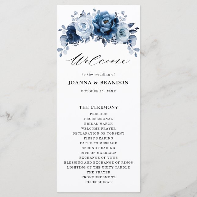 Programa Dusty Blue Slate Navy Boda Botánico Floral (Anverso)