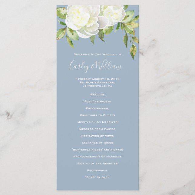 Programa Dusty Blue Spring Floral Peony Wedding Program (Anverso)