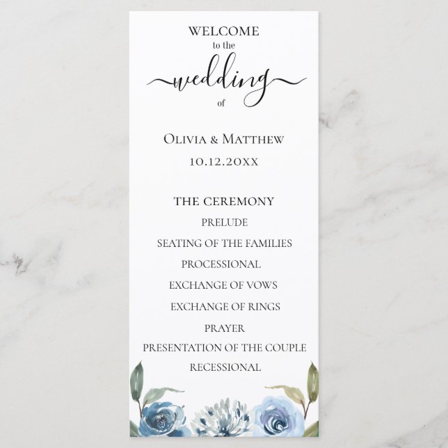 Programa Dusty Blue Watercolor Floral Wedding Program (Anverso)
