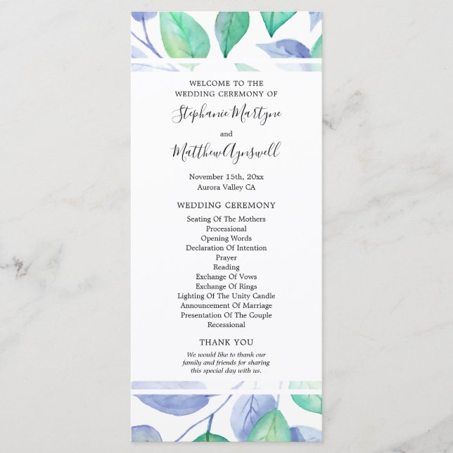 Programa Dusty Blue Watercolor Foliage Boda Ceremonia (Anverso)