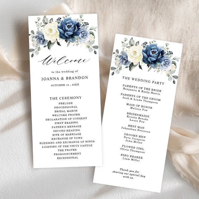 Programa Dusty Marina Azul Champagne Boda de marfil (Dusty Blue Navy Champagne Ivory Floral Wedding Program card)