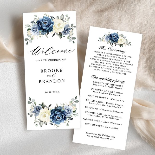 Programa Dusty Marina Azul Champagne Boda de marfil (Dusty Blue Navy Champagne Ivory Floral Wedding Program card)