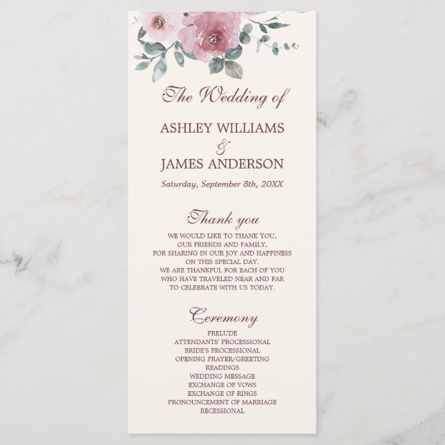 Programa Dusty Pink Burgundy Floral Ivory Wedding Program (Anverso)