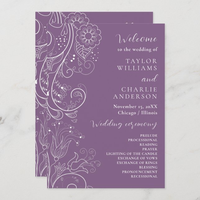Programa Dusty Purple Elegant Floral Wedding (Anverso / Reverso)