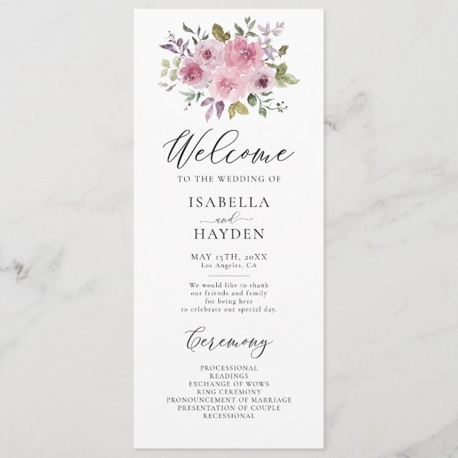 Programa Dusty Rosa Mauve Floral Rustic Watercolor Boda (Anverso)