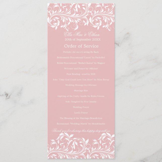 Programa El orden de servicio rosa y blanco de Sarah Jane (Anverso)