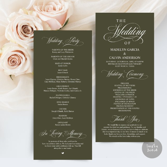 Programa Elegancia clásica escritura negra, ceremonia Boda (Wedding Program Card, in Modern Classy Script, in Olive Green)