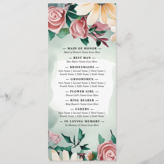 Programa Elegancia de flor pastel: Boda floral verde sabio (Reverso)