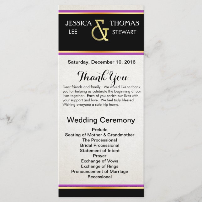 Programa Elegancia simple púrpura, negra y dorada (Anverso)