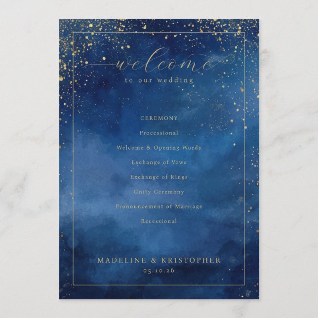 Programa Elegant Blue Watercolor Wedding Ceremony Program (Anverso)