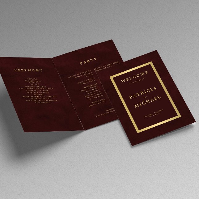 Programa Elegant burgundy gold wedding folded program (Subido por el creador)