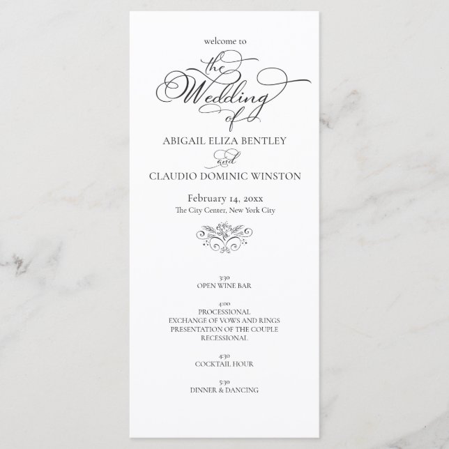 Programa Elegant Classic Black & White Calligraphy Wedding (Anverso)